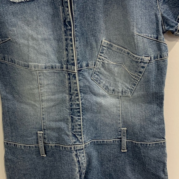 Azzure Denim Jumpsuit Shorts with Frayed Patch Accent - Picture 13 of 14